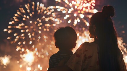  A mom and kid watching a fireworks display, capturing magical and awe-inspiring family moments 