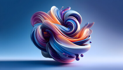 surreal image of fluid, abstract shapes in vibrant colors. The shapes appear to be twisting and flowing, resembling liquid metal or glass with a glossy, reflective surface.