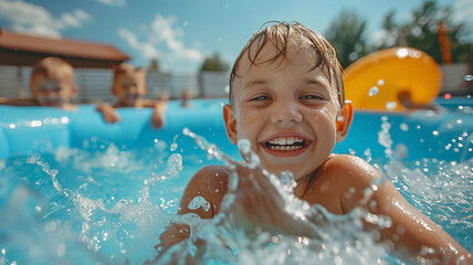 Happy children splashing water in inflatable home pool in summer. Outdoor active recreation.