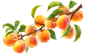 branch laden with ripe, juicy peaches, their golden hues contrasting against a pure white background.
