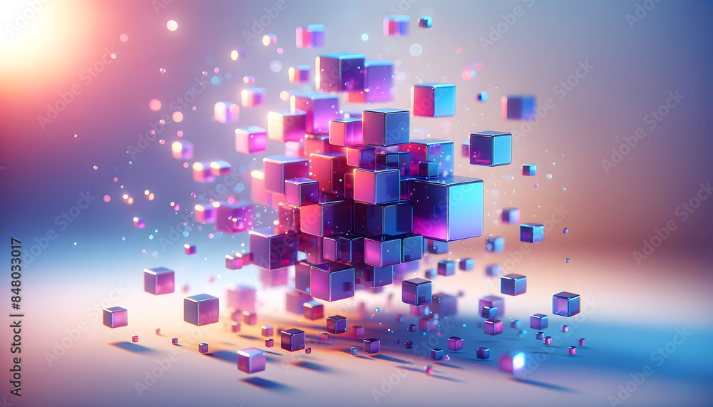 Poster surreal image of abstract, floating cubes in vibrant colors shown in close-up. The cubes appear to float in a space filled with a glowing, bokeh-like background. 