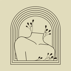 Aesthetic illustration of a woman head with growing plants. Feminine self-care vector concept.