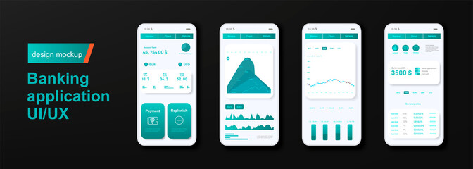 Financial mobile app template. Mobile banking system user interface design. Financial and money transfer management. Infographic with analytics and transaction chart