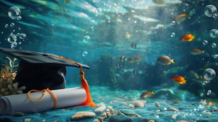 A graduation cap and diploma underwater, with bubbles and fish swimming around them, isolated on a clean blue background