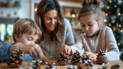 A mom and their children making tree ornaments from pinecones, showcasing creative and festive family activities