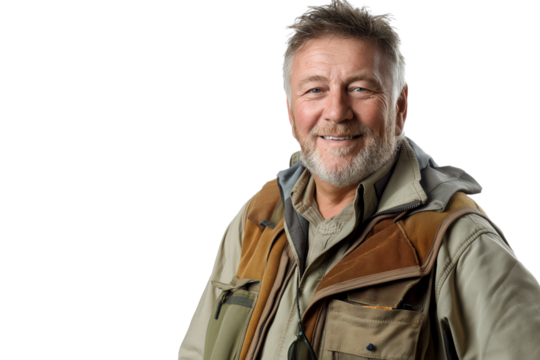 Smiling Senior Man in Outdoor Jacket on White Background