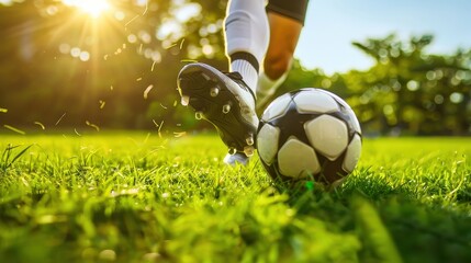 Close-up of a soccer player kicking a ball on a lush green field during a sunny day, capturing the...