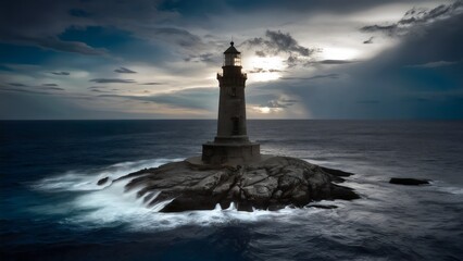 Lighthouse Vigil in the Tempest's Embrace. Concept Photography, Landscapes, Weather, Ocean, Nightfall