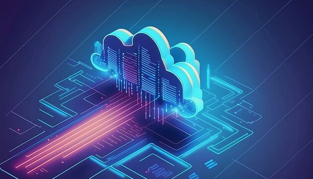 Isometric cloud storage for downloading, representing a digital service or application facil.