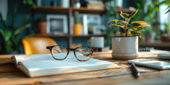 A pair of reading glasses resting on an open book with plants and a cozy background, perfect for a study or reading environment.