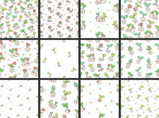 Naklejka premium Cute kawaii seed with roots. Seamless pattern. Bean sprout. Cartoon plant gardening characters. Hand drawn style. Vector drawing. Collection of design ornaments.