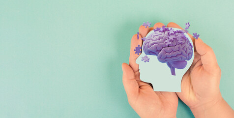 Alzheimer awareness day, dementia diagnosis, Parkinson disease, memory loss disorder, brain with purple puzzle or jigsaw pieces, damaged mind 