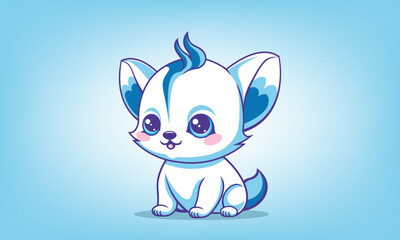 Vector cute cartoon bright white and blue unusual little animal. Big eared kind friendly smiling puppy or kitten. Kawaii baby pet.