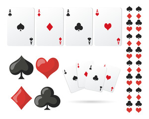 Set of playing cards, aces and suits icons. Illustration, casino background, vectorf playing cards, aces and suits icons. Illustration, casino background