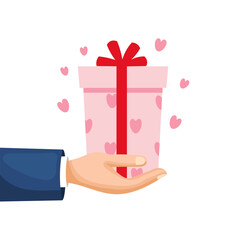 Gift box with hearts in hand. Greeting banner Happy Birthday, Happy Valentine's Day. Vector