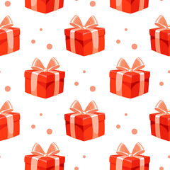 Seamless pattern, beautiful red gift boxes with bows. Festive background, vector