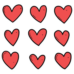 Hand drawn cartoon set of red hearts on white background.