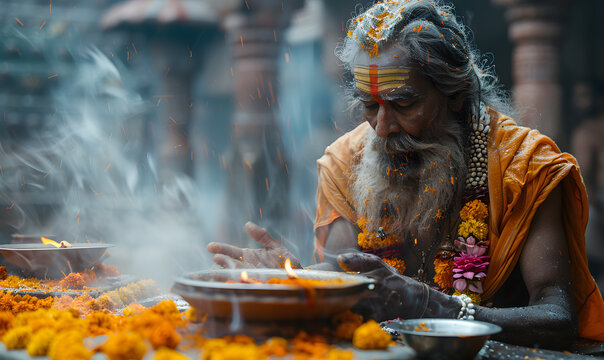 Indian sadhu monk meditating in the temple. Religious prayer man. A person sits in a lotus pose and pray-&mdash;zen yoga practice.