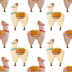 Naklejka premium Seamless pattern, cute llamas in a hat with a saddle, mexican alpaca. Background, print, children's textile, vector