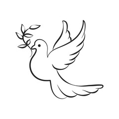 Line art, dove with branch, bird of peace. Black and white illustration, sketch, icon