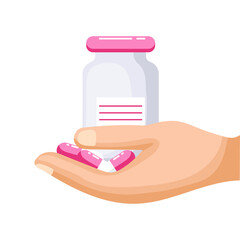 Medicine bottles and capsules with pills in hand on a white background. Illustration, vector