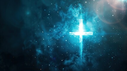 Fototapeta premium white christian cross on blue background with overlaying bokeh light and copy space