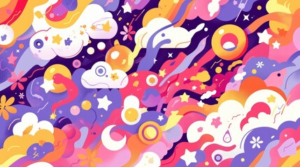 Fototapeta premium Dive into a dynamic sticker pack featuring abstract cloud shapes alongside floral designs spiraling figures stars and trendy retro 90s cartoon style lines