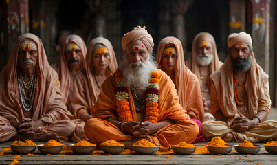 Indian sadhu monk meditating in the temple. Religious prayer man. A person sits in a lotus pose and pray-&mdash;zen yoga practice.