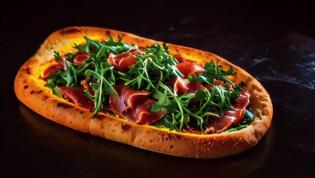 Video is of a flatbread pizza with arugula and prosciutto on top.
