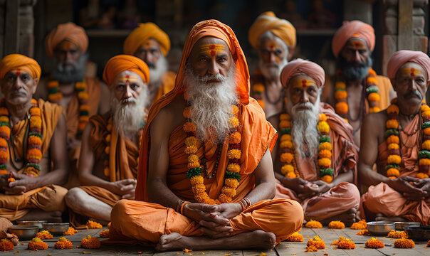 Indian sadhu monk meditating in the temple. Religious prayer man. A person sits in a lotus pose and pray-&mdash;zen yoga practice.