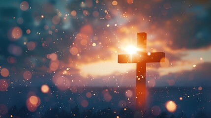 Christian  cross on sky, with ligt from above bokeh ligth, dramatic clouds, copy space