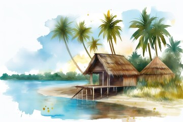 Fototapeta premium Nipa hut on beach in landscape near sea. Isolated cartoon watercolor illustration. 