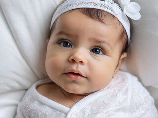 Baby girl lying on the bed.