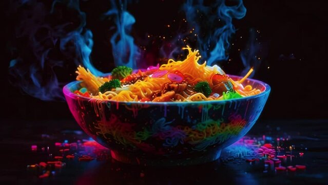 A bowl of noodles with chopsticks resting on the side. The noodles are covered in a colorful sauce and there is steam rising from the bowl.