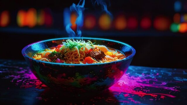 A bowl of steaming ramen with chopsticks resting on the side in a black bowl with a colorful background.