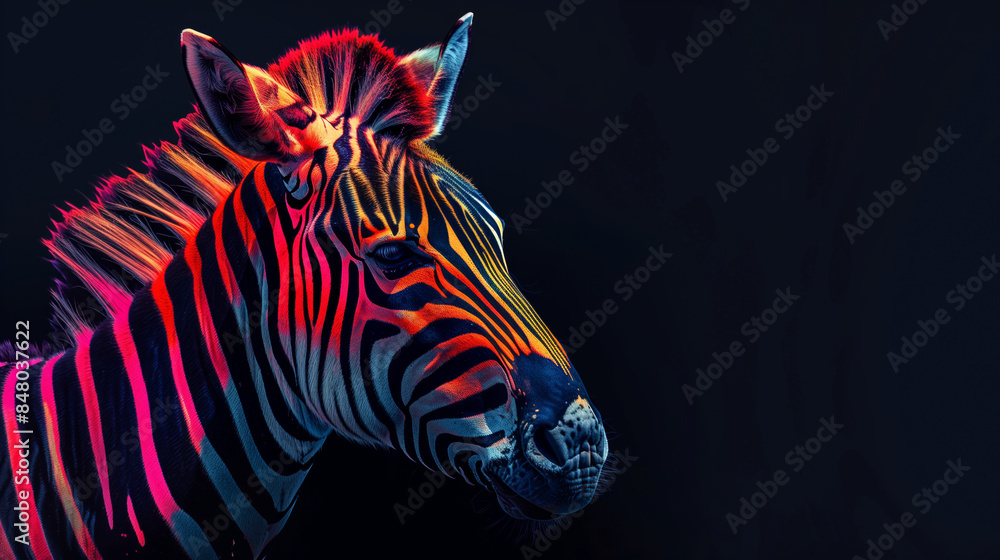 Poster a zebra with a colorful stripe pattern on its face. a colorful zebra with a black, a red spot in the