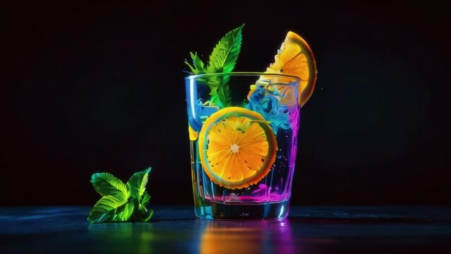 A glass with a blue and purple drink and an orange slice on the rim, lit with black light so the liquid appears to glow.