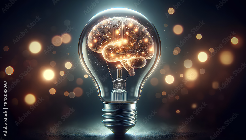 Poster a brain inside, glowing warmly. the dark, slightly blurred background with bokeh lights highlights t