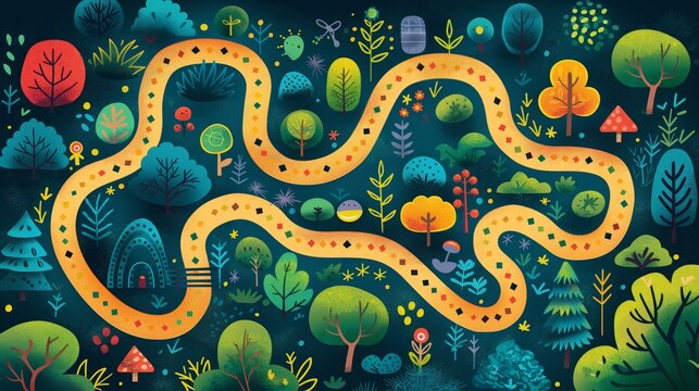 Whimsical forest board game track with vibrant trees and playful path, ideal for children's illustration and adventure themes.