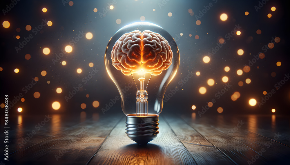 Poster a brain inside, glowing warmly. the dark, slightly blurred background with bokeh lights highlights t