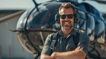 Portrait helicopter pilot standing with aircraft and smiling while looking at camera