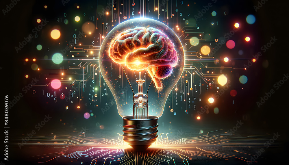 Poster a brain inside, glowing warmly. the dark, slightly blurred background with bokeh lights highlights t