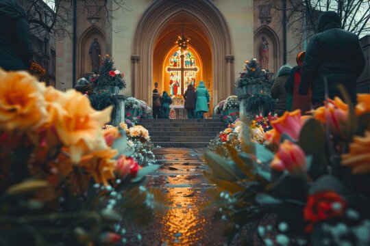 Service in the church. Festive cross. People on church yard. Church easter entrance. Christian censer. Christian service beautiful church orthodox catholic decoration with burning candles, flowers