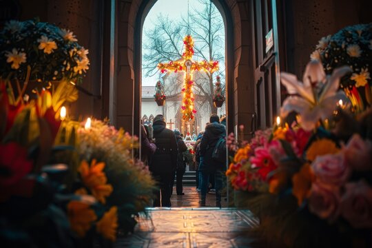 Service in the church. People on church yard. Church easter entrance. Festive cross. Christian censer. Christian service beautiful church orthodox catholic decoration with burning candles, flowers