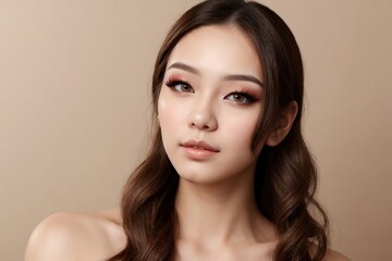 Fototapeta premium A young Korean woman with a perfect makeup style isolated beige background with copy space.