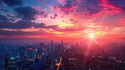 Beautiful sunset with city lights beginning to twinkle below