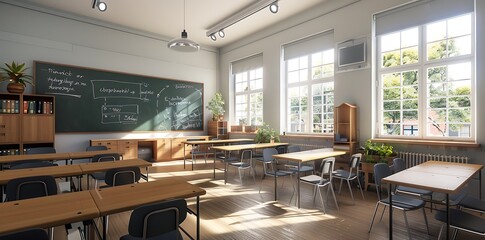A modern school classroom with desks and chairs, blackboard on the wall, no people. The room is welllit by natural light through windows. 