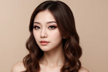 Naklejka premium A young Korean woman with a perfect makeup style isolated beige background with copy space.