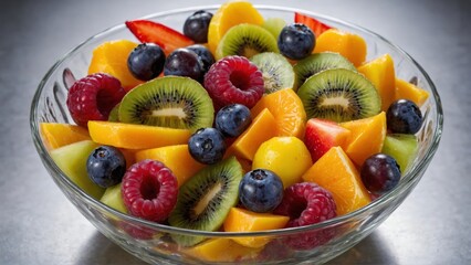 Colorful Fresh Fruit Salad in Glass Bowl