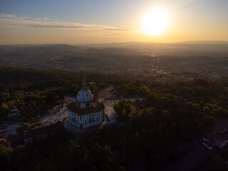 Sameiro Sanctuary drone aerial view in Braga, Portugal. Sunset. Sunny day